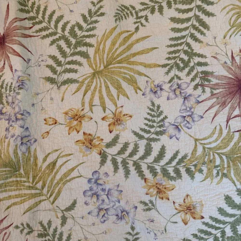 2.3 Vtg Botanical Floral Quilt 61x110 Full Fern Palm Cottagecore Bedspread